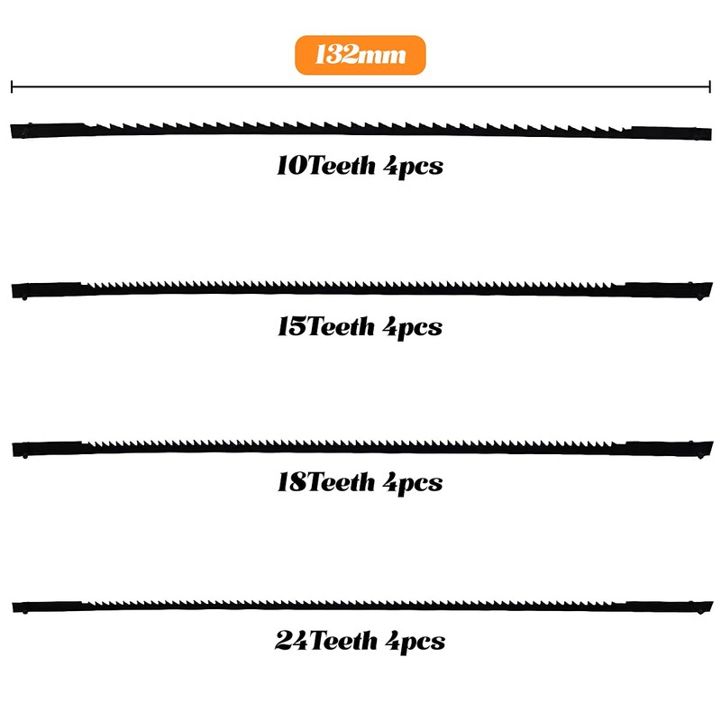 Scroll Saw Blades Pinned AOBETAK 16pcs 10/15/ 18/24 Tooth 130mm