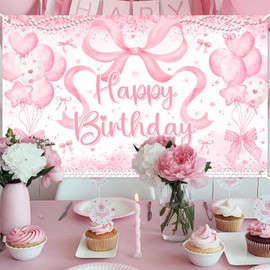 Avezano Coquette Happy Birthday Backdrop Pink Bow Coquette Birthday Party Decorations Bow Happy Birthday Banner Bow Tie Birthday Backdrop for Girl‘s Birthday Party Supplies 70.8 x 43.3 Inch