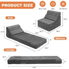 LitaiL Comfy Folding Sofa Bed - Dark Grey Convertible Sleeper Sofa Fold Out Sleeper Chair Couch for Living Room Bedroom Guest, Corduroy Foldable Floor Chair Lounger Mattress with Back Support