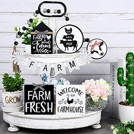 10 Pcs Farmhouse Tiered Tray Decor Farmhouse Home Decor Mini Signs Rustic Tiered Tray Signs Home Wood Sign Cutting Broad House Shaped Table Decor Buffalo Plaid Wooden Farm Fresh Sign (Farm Style)