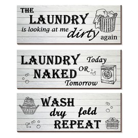 3 Pieces Laundry Room Signs, Laundry Wash Dry and Fold Repeat Sign, Rustic Laundry Plaques (White)