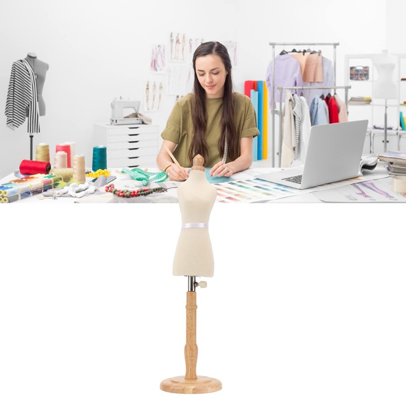 Female Mannequin Torso Dress Shape with Height-Adjustable Stand, Wooden Base,