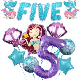 KatchOn, Mermaid 5th Birthday Decorations Girl - Pack 9 | Mermaid Birthday Decorations for Girls 5 | Mermaid Birthday Party Supplies | Mermaid Balloons 5, Little Mermaid Party Decorations 5 Year Old