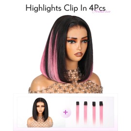 Arabella 12inch 6x6 Bob Wig Human Hair and 4 Pcs 1B/Pink Clip in Hair Extensions Ready to Go Glueless Wig Real 210% Density Straight Glueless Bob Wigs Human Hair Pre Cut Lace Pre Bleached Tiny Knots