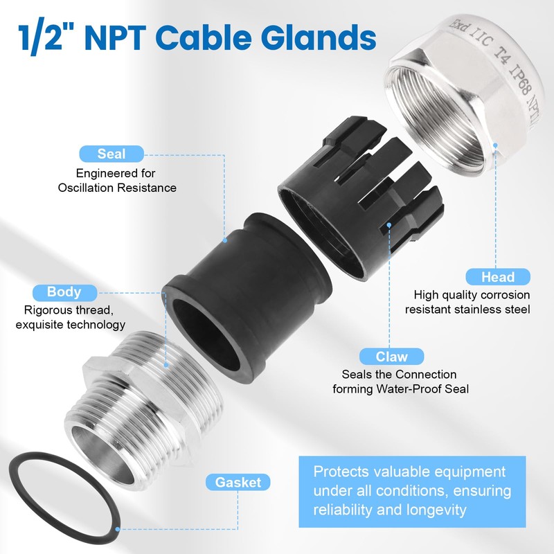 2 Pcs 1/2" NPT Stainless Steel Waterproof Cable Gland, IP68
