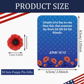 50 Sets Veteran Day Poppy Pins with Cards Memorial Day Resin Poppy Brooch Pins Church Christian Veteran Appreciation Gifts for Military Veterans Memorial Day Party Favor Decoration