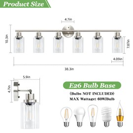 Guliaofo 6-Light Brushed Nickel Bathroom Light Fixture, Vanity Lights with Clear Glass Shade, Bathroom Lighting Fixture Over Mirror, Nickel Bathroom Wall Light Fixtures for Vanity Mirror Bedroom