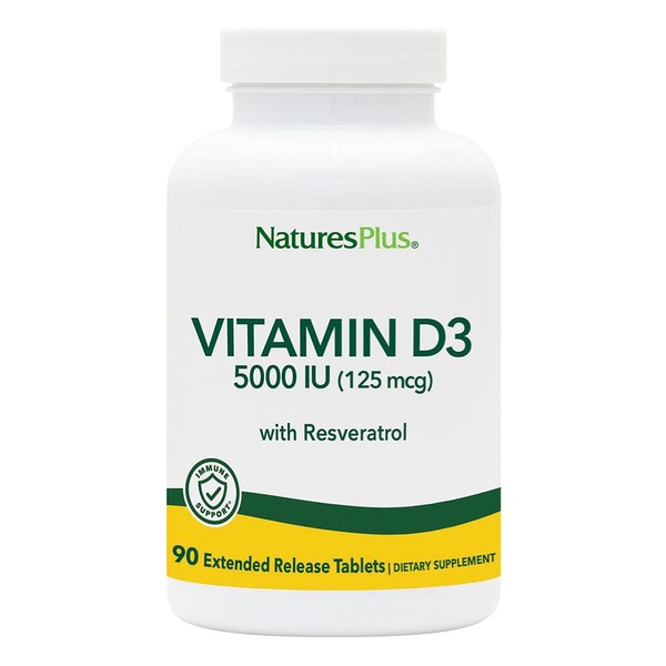 NaturesPlus Vitamin D3, Extended Release - 90 Vegan Tablets - 5000 IU + 25 mg Trans-Resveratrol - Heart & Bone Health, Immune System Support, Anti-Aging - Gluten Free - 90 Servings