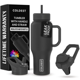 Coldest Tumbler with Handle and Straw - 100% Leak Proof Insulated Tumbler with Lid and Straw (3 Lids) - Stainless Steel Tumblers for Women & Men - Cup Holder Friendly Base, 36 oz (Stealth Black)