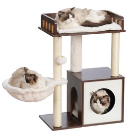 Heybly Modern Cat Tree, Wooden Cat Tower with 3 Scratching Posts, Cat Condo for Indoor Cats with Wood Cat Cave, Plush Perch, Basket, Pompom, Rustic Brown HCT007SSR