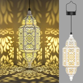 Twinkya Hanging Solar Lights Outdoor Garden Decorative Solar Lantern Waterproof Metal Moroccan Outdoor Decorations for Patio Pathway Yard Porch Backyard Garden Decor (White, 1 Pack)