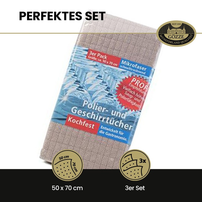 Gözze - Geschirrtuch-Set, 3-teilig, Mikrofaser-Poliertuch, 50 x 70 cm -