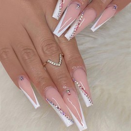 Long False Nails French Tip,24PCS Light Pink False Nails,Acrylic Full Cover Fake Nails with Jelly Glue for Women Girls (Skewed French,Light Pink, One Size)