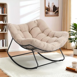 Dovov Indoor Rocking Papasan Chair, 450 lbs Oversized Indoor Egg Comfy Chairs, Rocking Reading Chair with Thickened Cushion, Lounge Cozy Chairs for Bedroom Living Room, Beige