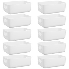 W&H 10 PCS White Plastic Storage Boxes with Handle, Small Baskets for Storage, Plastic Storage Baskets for Shelves, Cupboard Storage Baskets for Bathroom, Drawer, Kitchen Organizer - 8.2×5.5×2.7 Inch