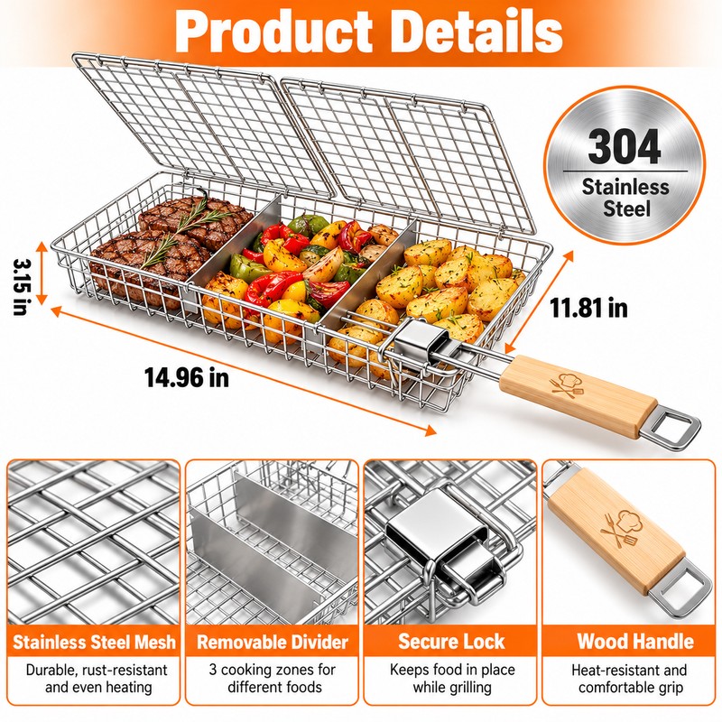 Stainless Steel Grill Basket with Removable Divider – Reusable BBQ