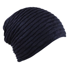 Itzu Unisex Slouch Beanie Waffle Knit Winter Hat Warm Soft Thick Faux Fur Fleece Lining Mens Womens in Navy Blue (Ribbed)