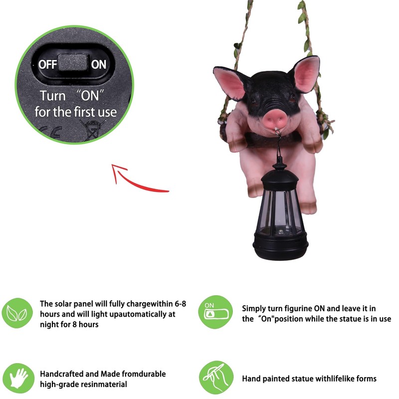 Hanging Pig Garden Lantern, Solar Pig Sculpture Outdoor Resin Garden
