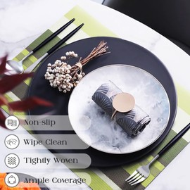 Elistonie Set of 6 Colorful Striped Vinyl Placemats Heat-Resistant Washable Placemats Non-Slip Woven Table Mats Wipeable Placemat for Kitchen Dining Table Decoration Indoor Outdoor (Meadow Green)