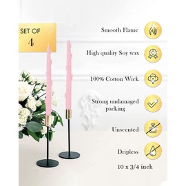 LPUSA Taper Candle Pink Candlestick Bow Soy Candles Unscented Wedding Party Wax Unscented Dinner Candle Dripless,10 inch,Set of 4,J1
