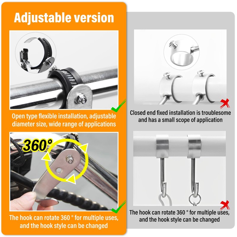 DOVORSY Tube Rod Hooks,Stainless Steel Adjustable J Hooks, for 0.71"-1.26"