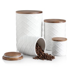 Sweejar Ceramic Canisters Sets for Kitchen Countertop, Relief Food Storage Jar with Bamboo Lid, Stackable Container for Flour, Coffee, Pasta, Cereal, Tea, Sugar, Spices, Pack of 4 (Walnut White)