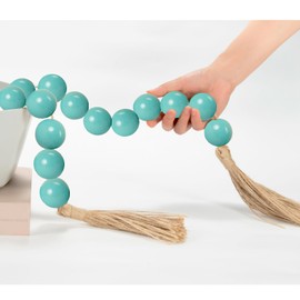 OMISHE Extra Large Wood Bead Garland Aqua Teal with 1.6" Diameter Wooden Beads and Tassels, 41" Long Rustic Farmhouse Country Decorative Beads for Home Decor, Aqua Teal