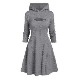 DRESSFO Women’s 2 Piece Outfit – Hooded Cable Knit Arm Warmer Sweater & Sleeveless A-Line Dress Set (Gray/Large)