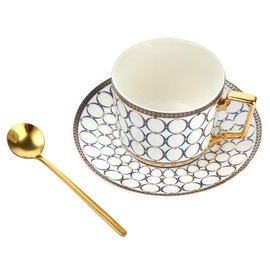 XUDREZ European Style Cup Tea Cup and Saucer Set,8.5oz/250ml Bone China Coffee Tea Cups with Saucer and Golden Spoon (White)