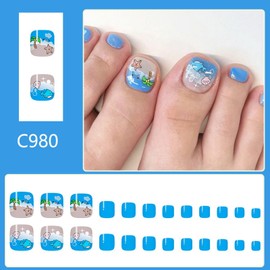 Summer Press on Toenails Blue Gradient Acrylic Stick on Toenails Short Square Glue on Toenails Cute Whale＆coconut Tree Fake Toenails Gloss Artificial Toenails Full Cover False Toenails for Women 24Pcs