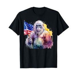 Bigfoot Watercolor Artwork American Flag 4th Of July Art USA T-Shirt
