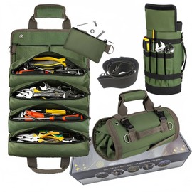 23 Pocket Tool Bag Roll Up, Tool Organizer for Men gift, Portable Tool Storage with Zipper Pouch, Compact Small Toolbag for Handyman RV Owners, Birthday Gifts (Green Big Tool Bag)