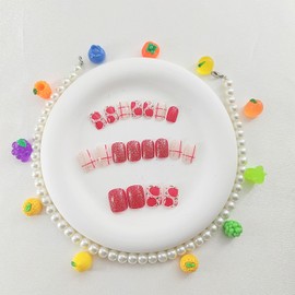 Christmas Eve Press on Nails Short Square Fake Nails with Red Apple Lattice Lines Glitter Design Nails Press ons Red Full Cover False Nails Glossy Christmas Eve Glue on Nails for Girls 24Pcs