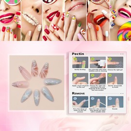 Rchovsam Almond Press on Nails Medium False Nails Summer Ocean Style Designs Fake Nails Gold Stick on Nails Acrylic Full Cover Nails Press Ons Gift for Women 24pcs