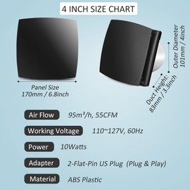 Hose Vary 4in Black Bathroom Exhaust Fan for Window, 55CFM IPX4 ABS Plug-in Extractor Fan Attic Fan w/Anti-Backflow Damper for Toilet, Office, Kitchen, Garage (US Cord)