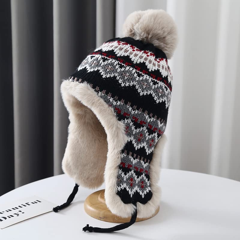 Women Teens Coldproof Knitted Trapper Hat with Thick Faux Fur