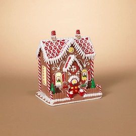 Gerson Lighted Gingerbread Peppermint Candy House in Clay Dough Resin with Frosted Snow Look, Battery Operated, 9.5 Inches High