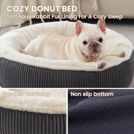 BedStill 30 inches Donut Dog Bed for Medium Dogs,Calming Round Pet Bed with Removable & Washable Cover,Plush Faux Fur & Corduroy, Fits up to 30 lbs Pets(Dark Grey,Medium)