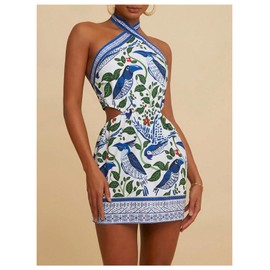 RoseSeek Women's Criss Cross Boho Halter Dress Cut Out Tie Backless Summer Pencil Mini Dresses Blue and White Large