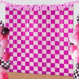 Pink Race Car Foil Fringe Curtains Backdrop Birthday Party Decorations, 2 Pack 3.28 X 6.56 Ft Pink White Checkered Tinsel Streamers Banner Photo Booth Props for Girls Racing Theme Party Decor Supplies