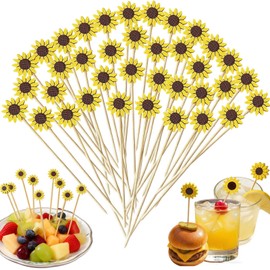 120 Pcs Sunflower Cocktail Picks for Appetizers Desserts Fruit Cupcakes, Hawaiian Party Food Garnish Skewer Sticks, 5 Inch Long Bamboo Toothpicks Party Supplies