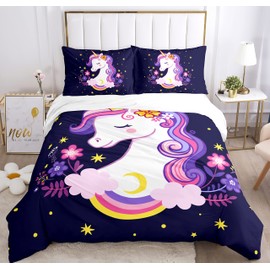 PQCXXA Children's Unicorn Bed Linen Set Girls Bedding Set Pink 3D Cartoon Unicorn Colourful Flower Print Duvet Cover Set with Zip and Pillowcase 50 x 75 cm (135 x 200 cm, G)