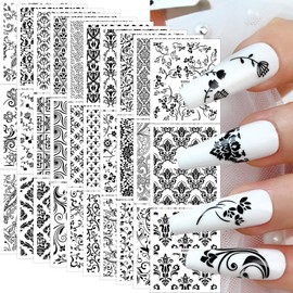 30 Sheets Black Nail Art Stickers 3D Self-Adhesive Silver Lace Hollow Nail Decals 3D Black Retro Nail Stickers Adhesive Nail Supplies Nail Art Design for DIY Acrylic Nails Decoration for Women