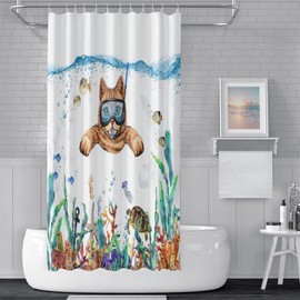 Funny Cat Shower Curtain Set with Hooks Cute Ocean Animals Polyester Fabric Kids Bath Decor Curtain Sea Turtle Starfish Fish Funny Ocean Theme Waterproof Shower Curtain Need No Liner 72x72 inch