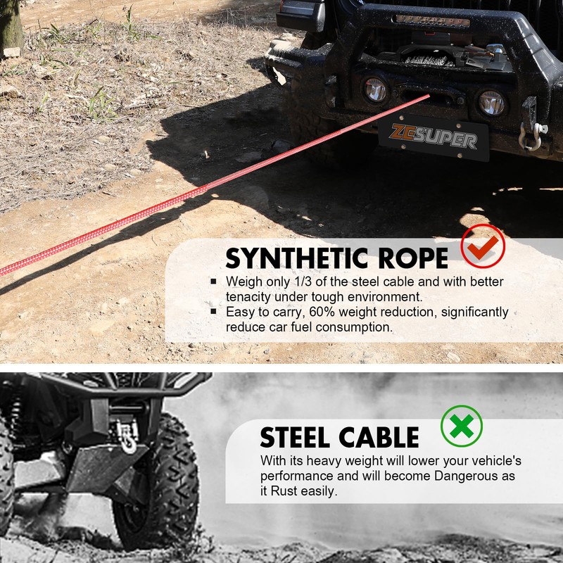 ZESUPER 3/8" x 100ft Synthetic Winch Rope Dyneema 12 Strand