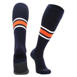 MadSportsStuff Dugout Striped Baseball Socks Pattern E (Navy/Orange/White, Small)