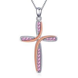 TwoAnts Cross Chain 925 Sterling Silver 12 Birthstone Chain Cross Pendant Necklace Birthday Jewellery Gifts for Women Girls, Sterling Silver, Zircon