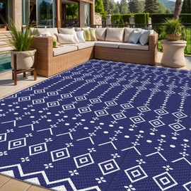 StepRite 6’ x 9’ Reversible Outdoor Rug, Waterproof Plastic Straw Rug, Patio Rug, Large Modern Area Rug Carpet, Indoor Outdoor Rugs for Camping, Porch, Deck, Balcony, Backyard, RV, Picnic(Blue)