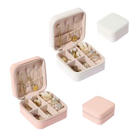 Jewellery Box, 2PCS Jewellery Storage 10×10cm, Mini Portable Jewelry Box Organiser Mini Travel Jewelry Storage Case PU Leather Jewlerrying Display Holder for Rings Earrings Necklace (White, Pink)