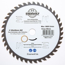 185 x 20 mm premium saw blade, circular saw blade for wood with 40 tilted TCT teeth and laser cuts for noise reduction